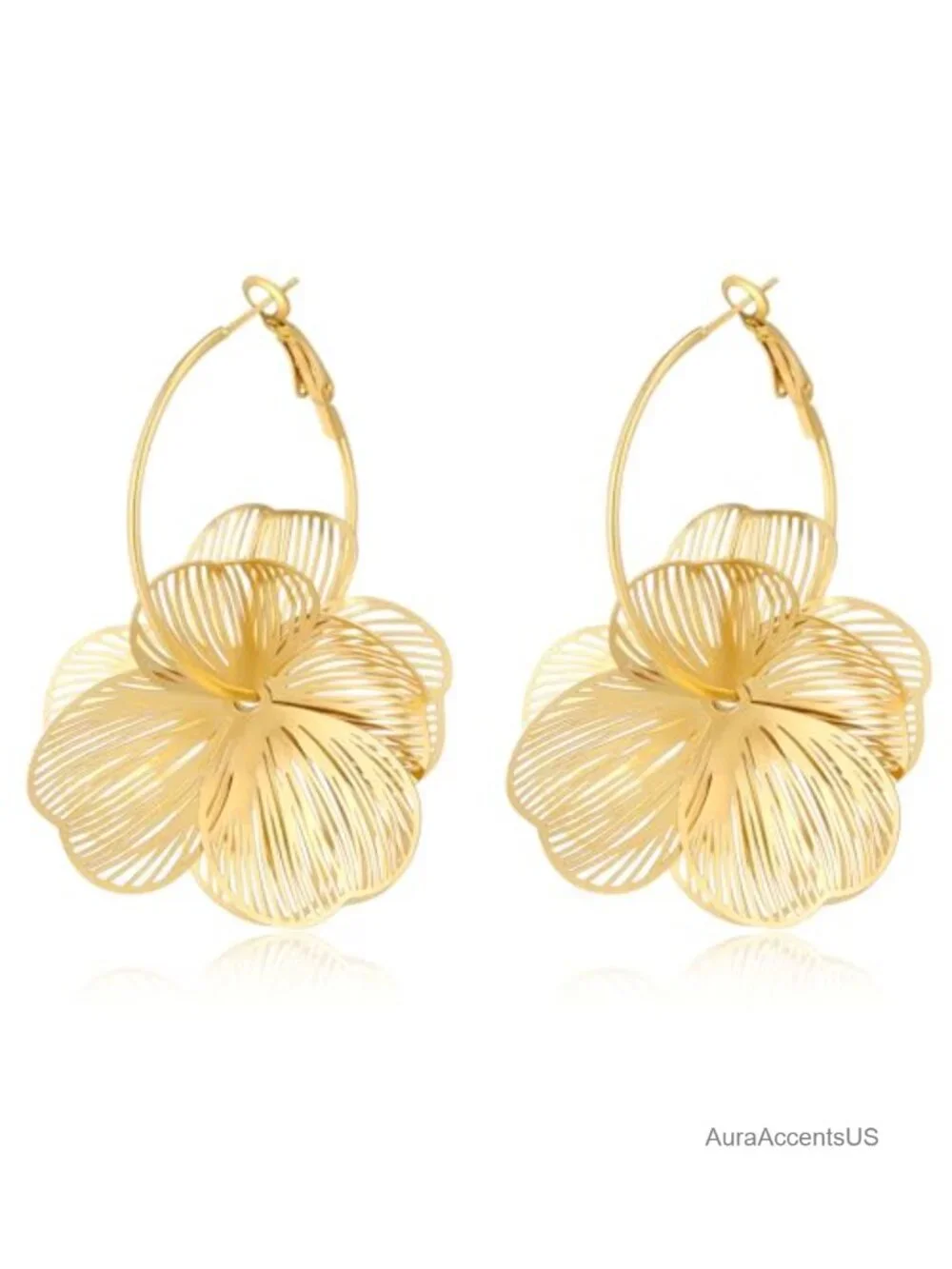 14K Gold Plated Flower Dangle Earrings for Women, Lightweight Wire Floral Hoop